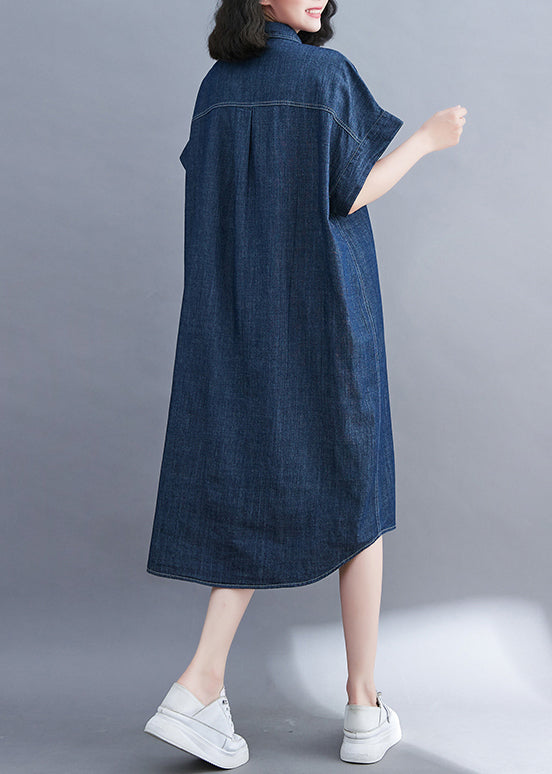 Classy Navy Peter Pan Collar Pocket Denim Shirt Dress Summer