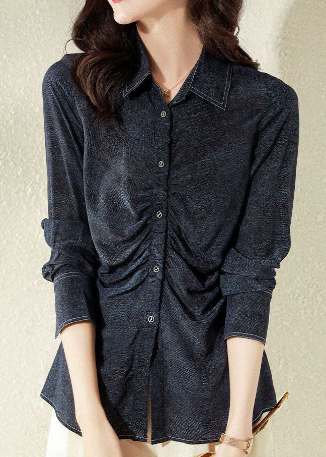 Classy Navy Peter Pan Collar Wrinkled Patchwork Denim Blouses Spring