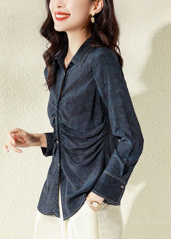 Classy Navy Peter Pan Collar Wrinkled Patchwork Denim Blouses Spring