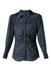 Classy Navy Peter Pan Collar Wrinkled Patchwork Denim Blouses Spring