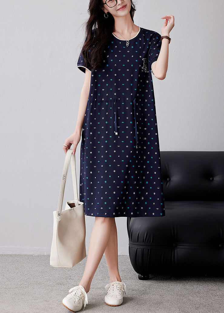 Classy Navy Print Drawstring Cotton Dresses Summer