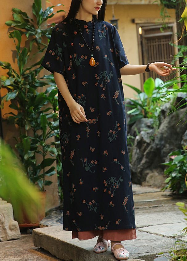 Classy Navy Print Side Open Patchwork Linen Long Dresses Summer