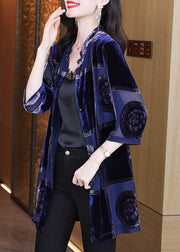 Classy Navy Stand Collar Patchwork Silk Velour Shirt Tops Fall