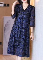 Classy Navy V Neck Embroideried Patchwork Silk Dress Bracelet Sleeve