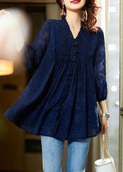 Classy Navy V Neck Ruffled Patchwork Chiffon Blouses Spring