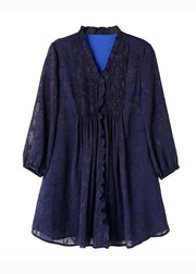 Classy Navy V Neck Ruffled Patchwork Chiffon Blouses Spring