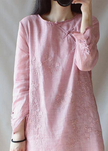 Classy O Neck Chinese Button Clothes For Women Shape Pink Embroidery Shirt - bagstylebliss