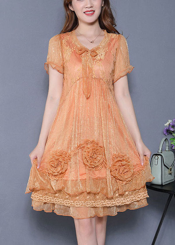 Classy Orange Floral Silk Holiday Dress Summer