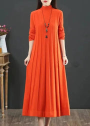 Classy Orange Hign Neck Wrinkled Patchwork Knit Long Dress Winter