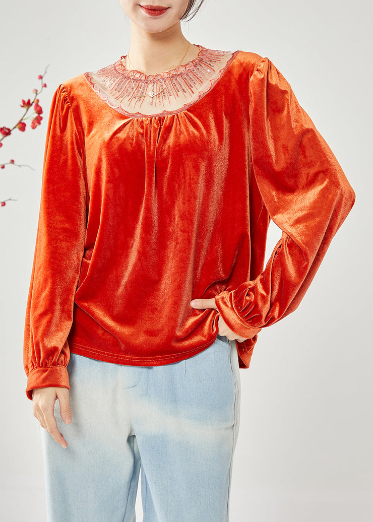 Classy Orange Hollow Out Patchwork Sequins Silk Velour Shirt Tops Spring