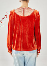 Classy Orange Hollow Out Patchwork Sequins Silk Velour Shirt Tops Spring