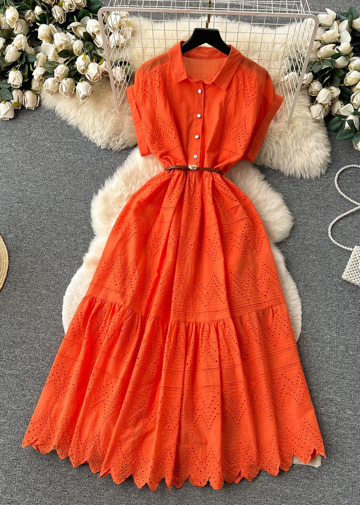 Classy Orange Peter Pan Collar Button Hollow Out Cotton Shirt Dresses Summer