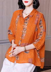 Classy Orange Peter Pan Collar Print Button Linen Shirts Long Sleeve