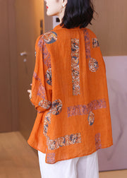 Classy Orange Peter Pan Collar Print Button Linen Shirts Long Sleeve