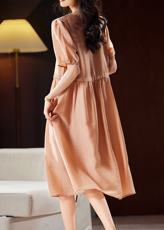 Classy Orange V Neck Hollow Out Patchwork Tie Waist Silk Long Dresses Short Sleeve