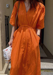 Classy Orange V Neck Pockets Patchwork Tie Waist Cotton Maxi Dress Summer