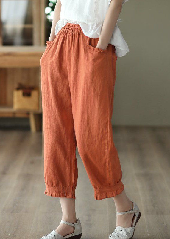 Classy Orange Wrinkled Pockets Patchwork Linen Crop Pants Summer