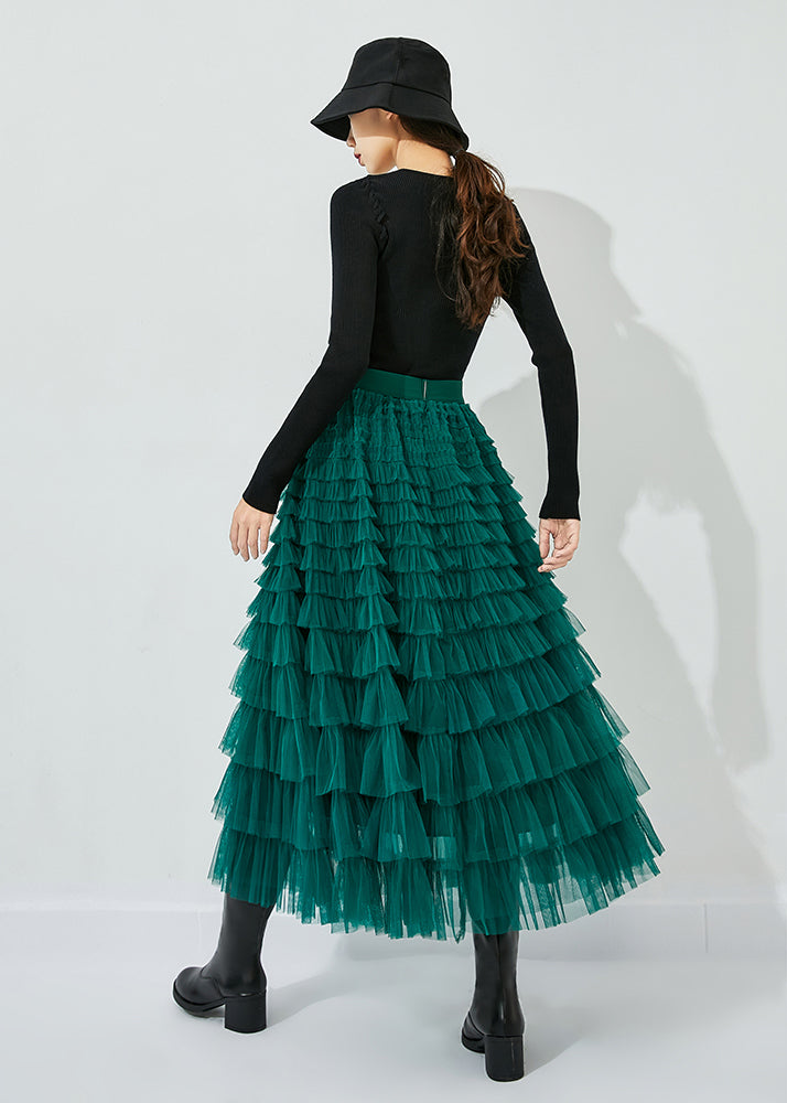 Classy Peacock Green Elastic Waist Layered Tulle Skirts Summer