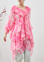 Classy Pink Asymmetrical Tie Dye Chiffon Dress Summer