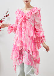 Classy Pink Asymmetrical Tie Dye Chiffon Dress Summer