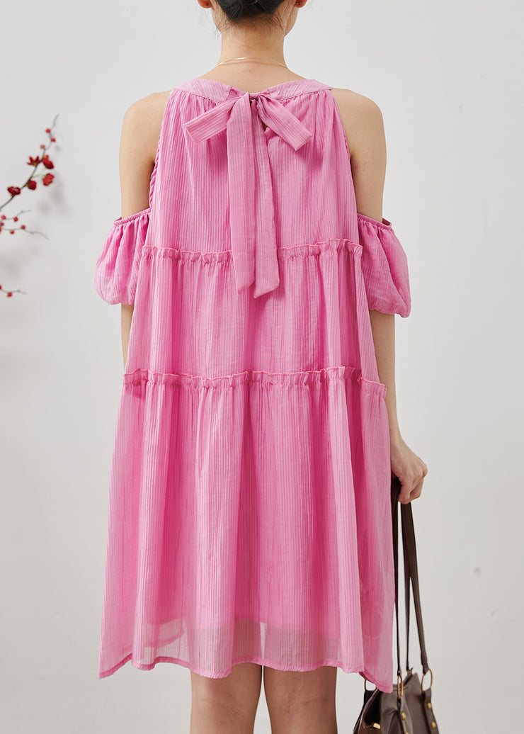 Classy Pink Cold Shoulder Chiffon Beach Dress Summer