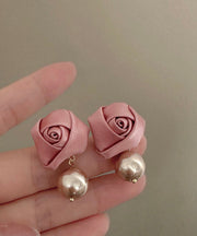 Classy Pink Copper Overgild Rose Pearl Fabric Drop Earrings