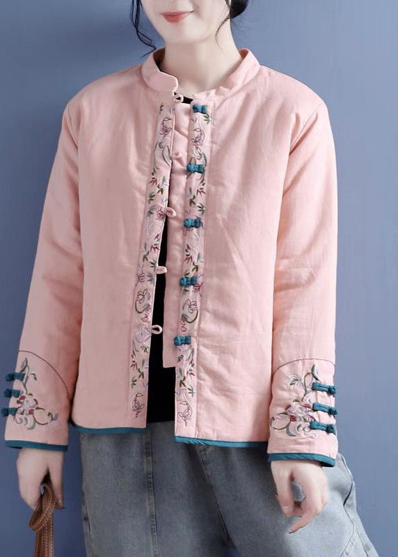 Classy Pink Embroideried Chinese Button Fine Cotton Filled Jacket Winter