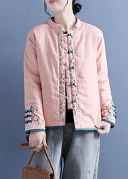 Classy Pink Embroideried Chinese Button Fine Cotton Filled Jacket Winter