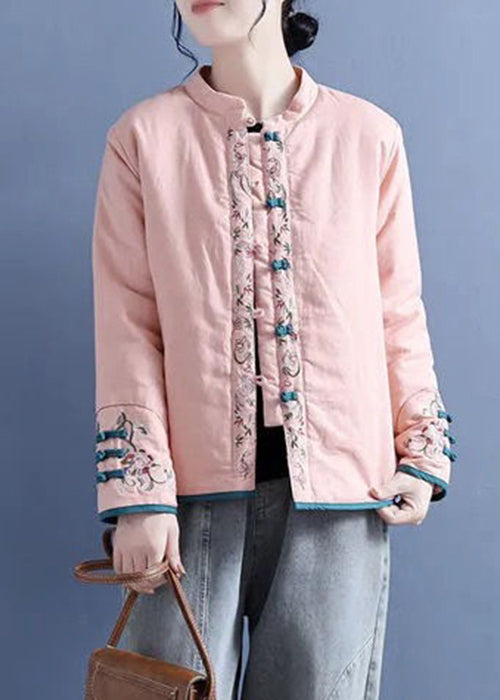 Classy Pink Embroideried Chinese Button Fine Cotton Filled Jacket Winter