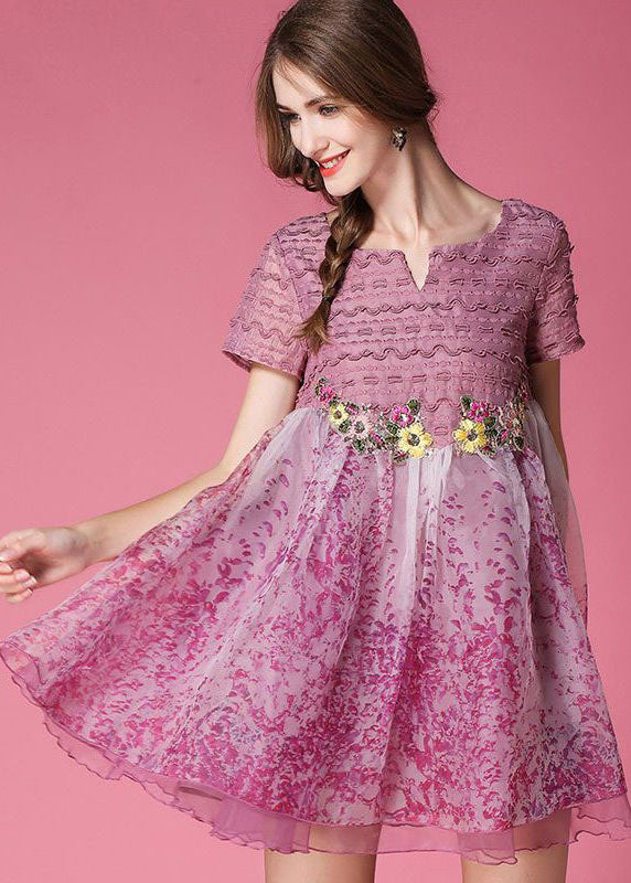 Classy Pink Embroideried Patchwork Wrinkled Organza Dress Short Sleeve