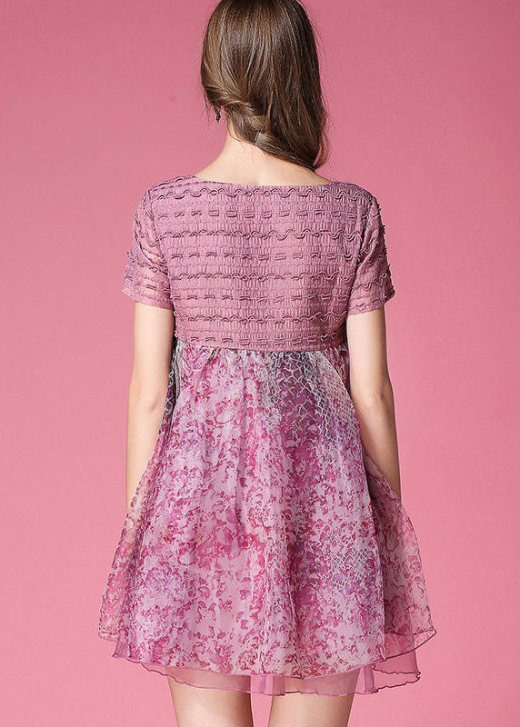 Classy Pink Embroideried Patchwork Wrinkled Organza Dress Short Sleeve