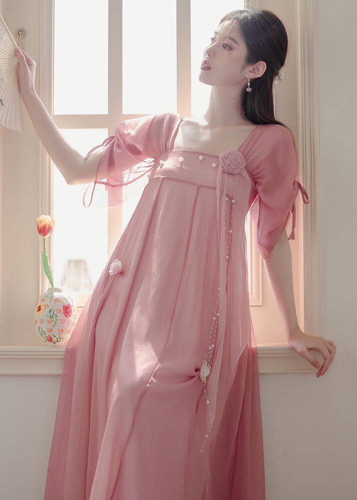 Classy Pink Floral Drawstring Patchwork Chiffon Dress Summer