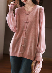 Classy Pink O Neck Chiffon Jacquard Patchwork Knit Shirt Fall