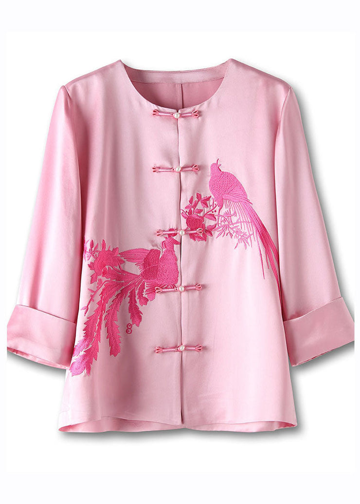 Classy Pink O-Neck Embroideried Floral Silk Top Long Sleeve