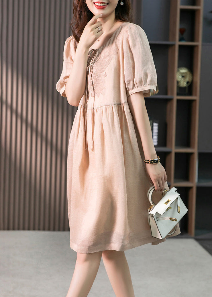 Classy Pink O-Neck Embroideried Solid Linen Maxi Dresses Summer