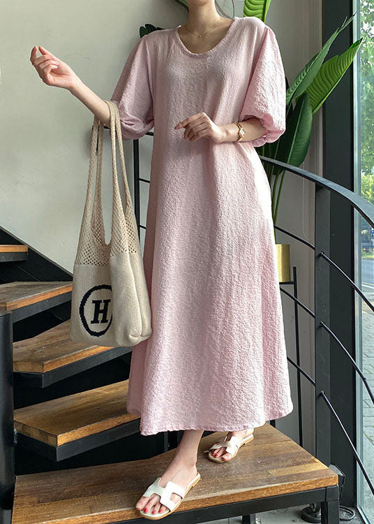 Classy Pink O-Neck Oversized Wrinkled Cotton A Line Dresses Puff Sleeve