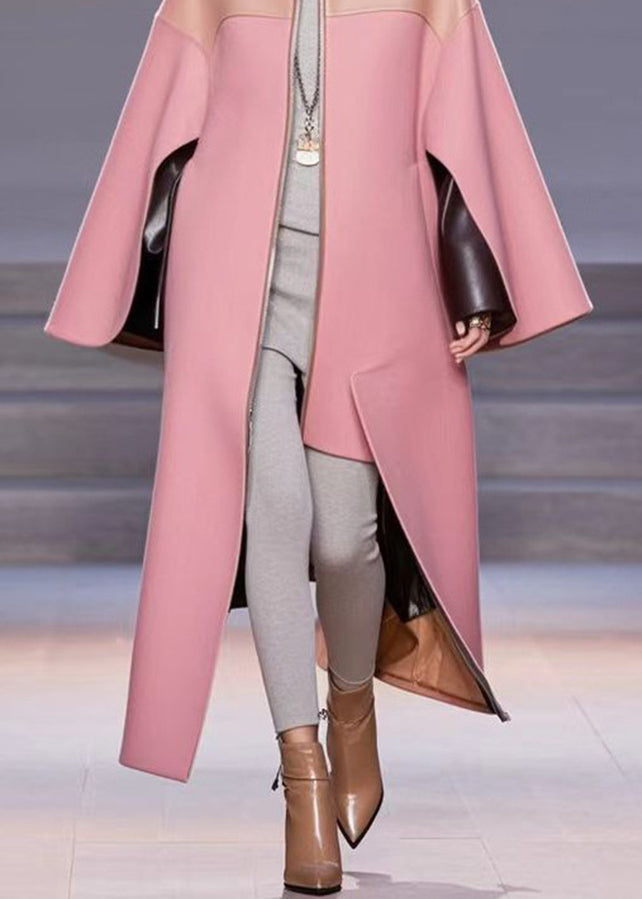 Classy Pink O-Neck Patchwork PU Woolen Trench Fall