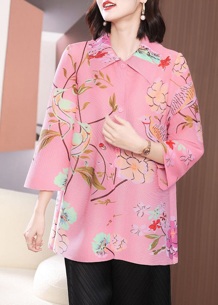 Classy Pink Oversized Print Wrinkled Blouse Top Bracelet Sleeve