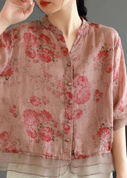 Classy Pink Print Button Patchwork Linen Shirts Top Summer