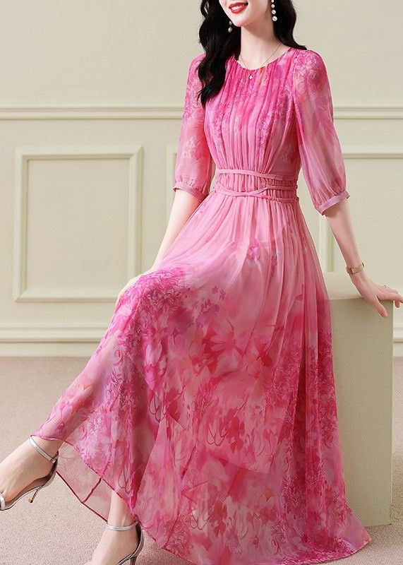 Classy Pink Print Wrinkled Tie Waist Chiffon Maxi Dresses Half Sleeve