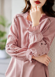 Classy Pink Ruffled Patchwork Hollow Out Silk Shirt Fall