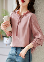 Classy Pink Ruffled Patchwork Hollow Out Silk Shirt Fall