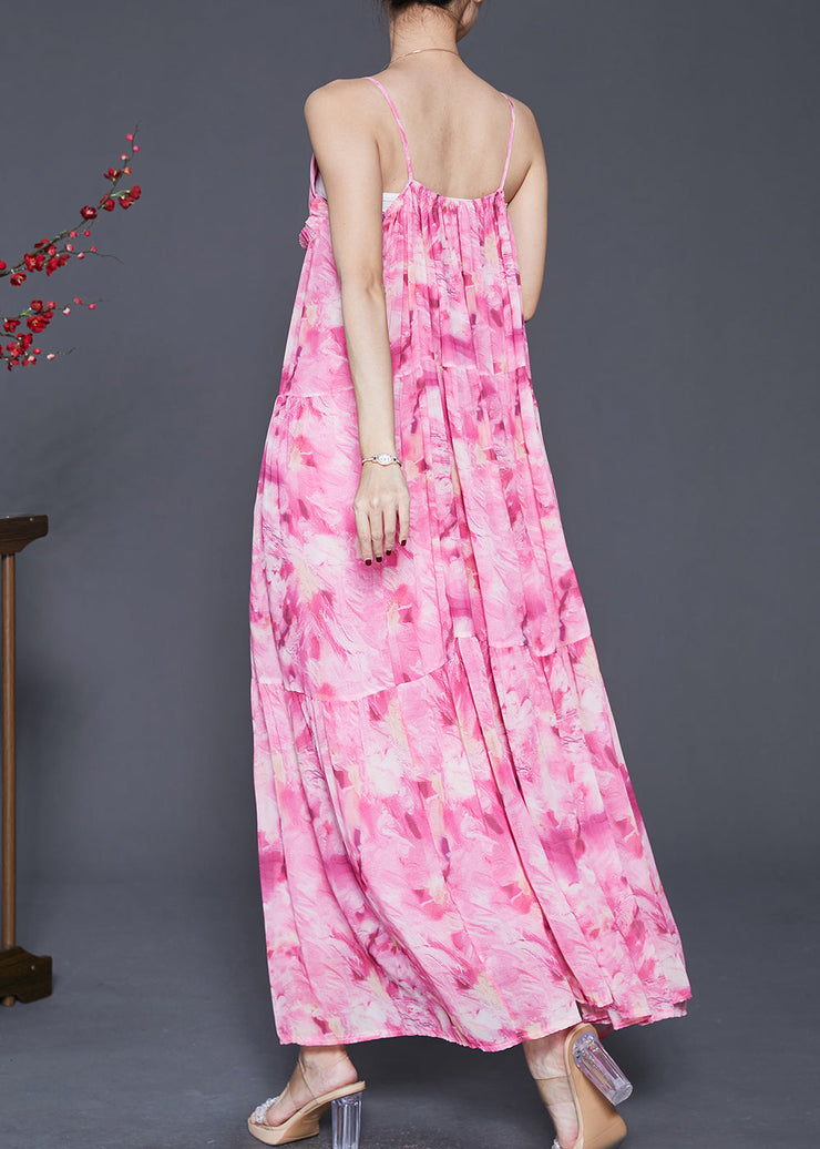 Classy Pink Ruffled Print Chiffon Spaghetti Strap Dress Summer