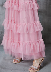 Classy Pink Ruffled Tulle Holiday Dress Summer