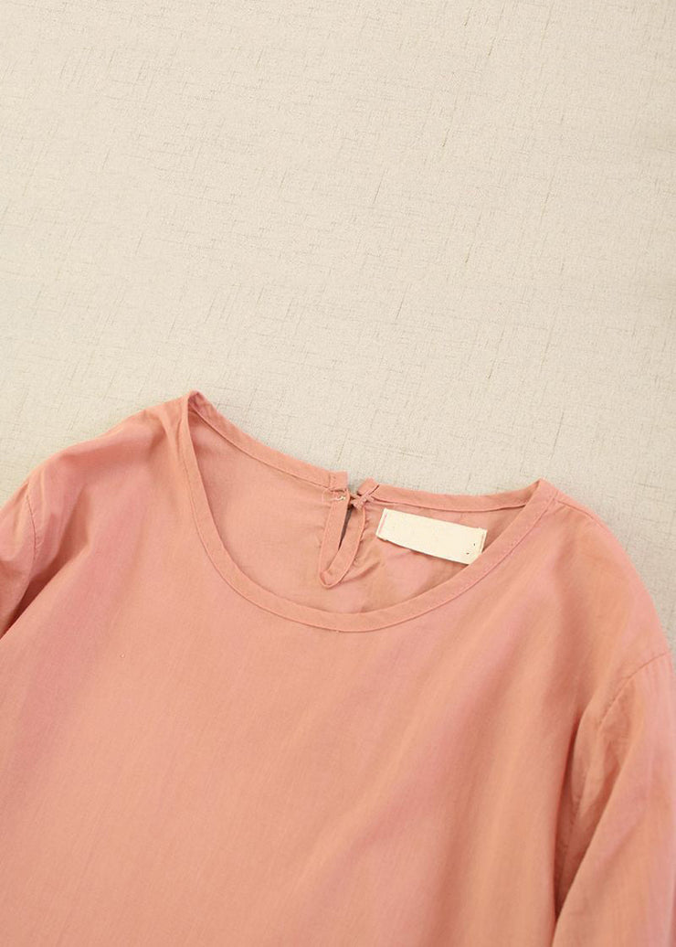 Classy Pink Solid O-Neck Ruffled Cotton Long Dress Long Sleeve