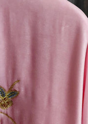 Classy Pink Stand Collar Embroideried Patchwork Silk Velour Outwear Spring