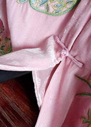 Classy Pink Stand Collar Embroideried Patchwork Silk Velour Outwear Spring