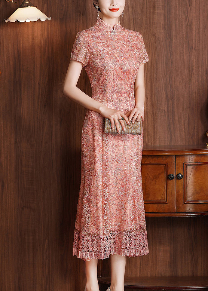 Classy Pink Stand Collar Lace Patchwork Long Dresses Summer