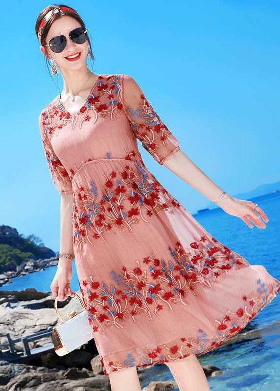 Classy Pink V Neck Embroideried Silk Holiday Cinch Dress Short Sleeve