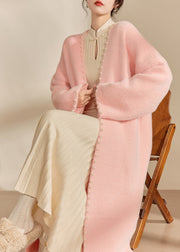 Classy Pink V Neck Nail Bead Cotton Knit Long Coat Fall